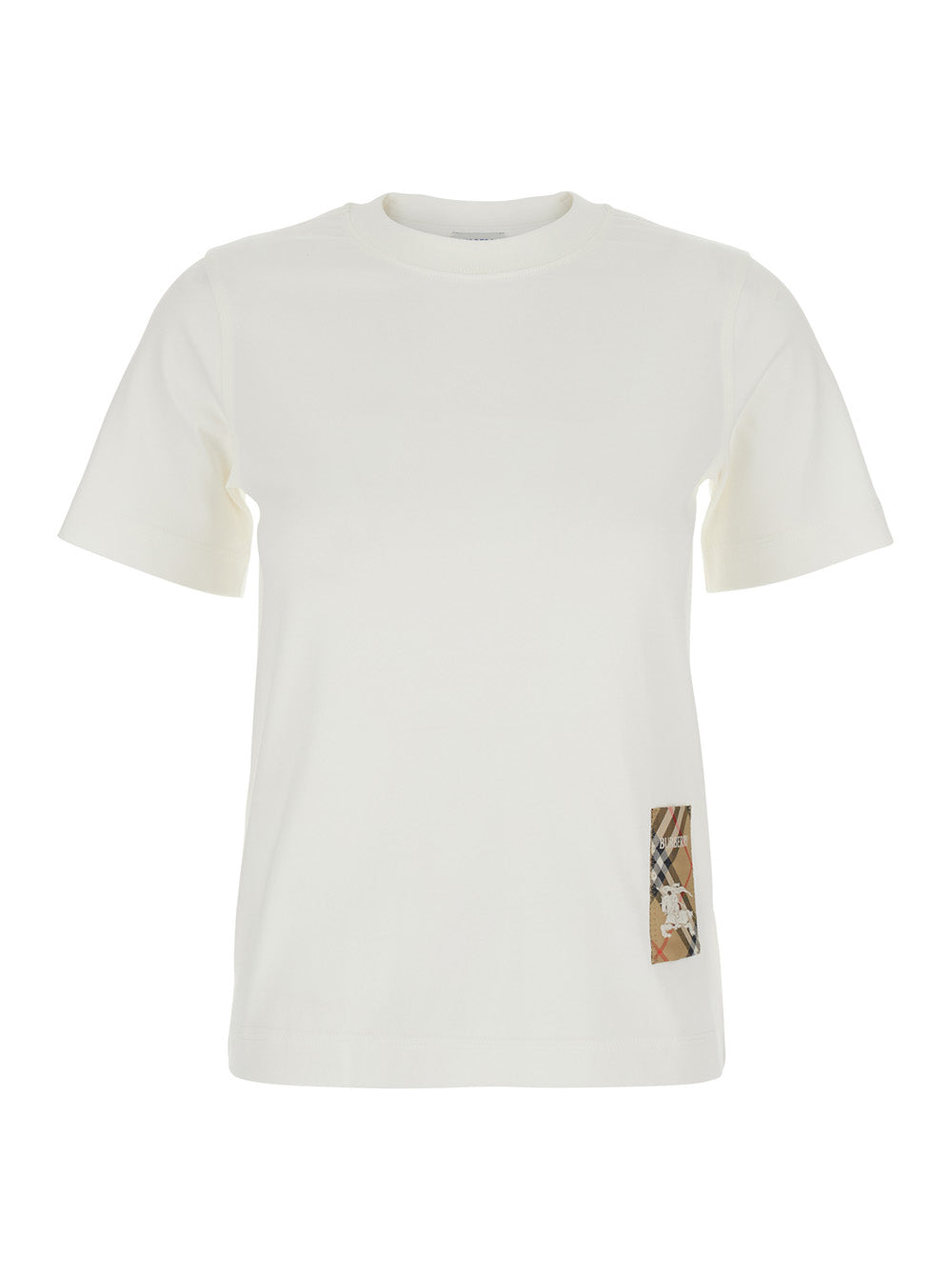 White T-Shirt With Logo Patch Check Motif On The Front Cotton Woman Tshirts And Polo Shirts