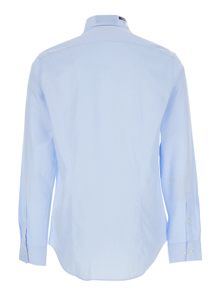Blue Shirt with Classic Collar and Striped Motif for Men Light Cotton Lyocell Elastane Blouses