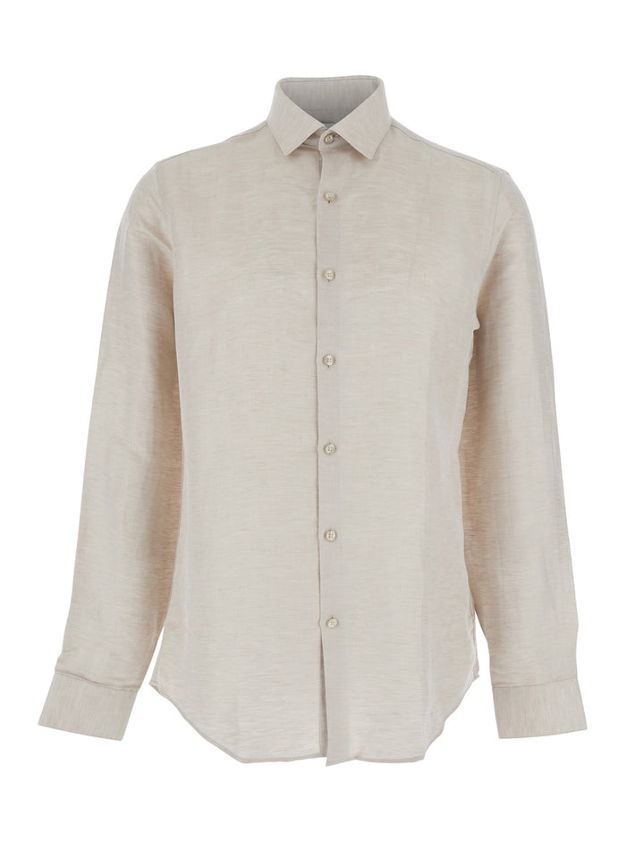 Shirt SLIM REF LINEN BLD SLD Beige with Classic Collar and Long Sleeves in for Men Lyocell Blouses
