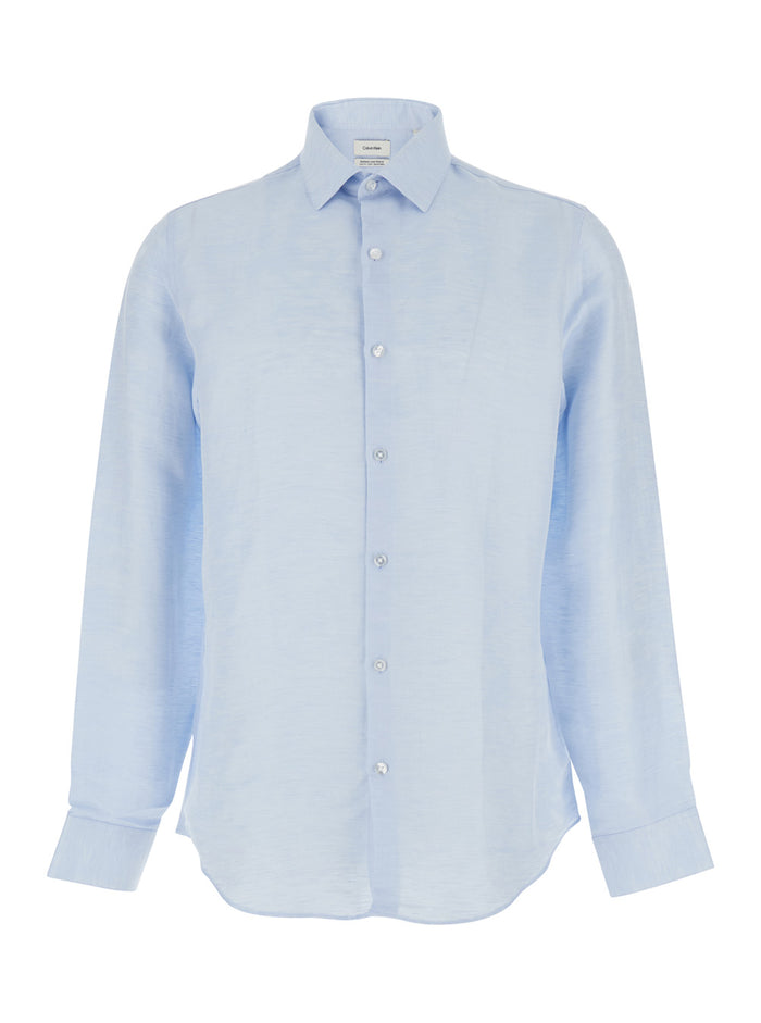 Shirt SLIM REF LINEN BLD SLD Light Blue with Classic Collar and Long Sleeves in for Women Lyocell Blouses
