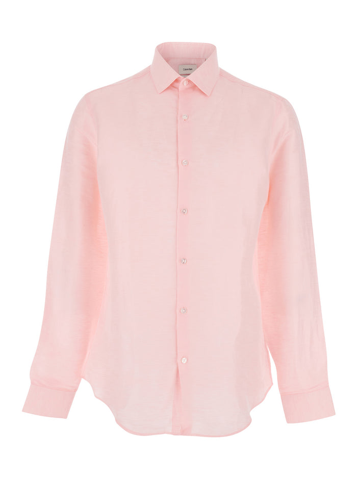 Shirt SLIM REF LINEN BLD SLD Pink with Classic Collar and Long Sleeves in Lyocell Blend for Women Blouses