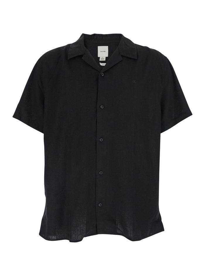 Shirt SS CAMP COLLAR SOLID LINEN CLASS Black with and Long Sleeves in Women Lyocell Blouses