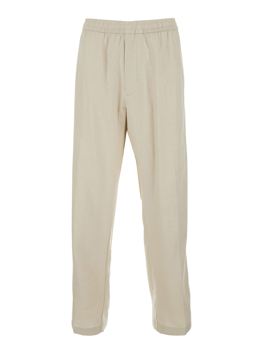 Pants STRAIGHT LINEN PULL ON White with elastic waist and side pockets in Women Cotton Trousers