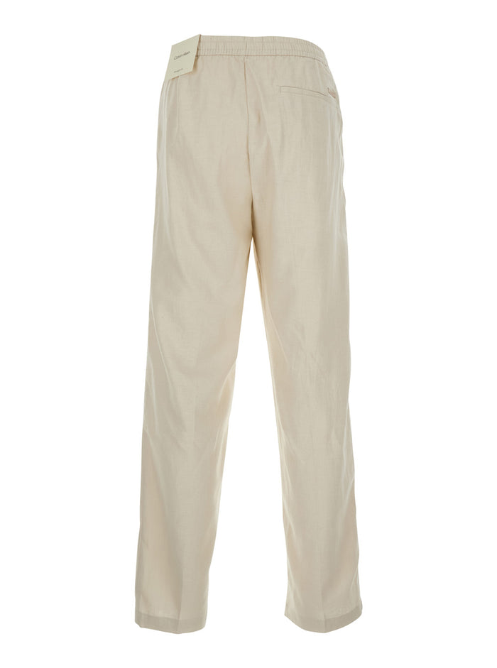 Pants STRAIGHT LINEN PULL ON White with elastic waist and side pockets in Women Cotton Trousers