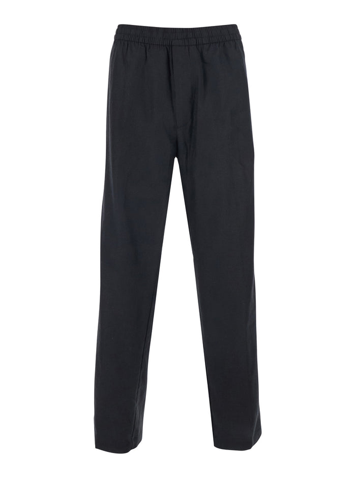 Pants STRAIGHT LINEN PULL ON Black with Elasticized Waist in and Cotton Men Trousers