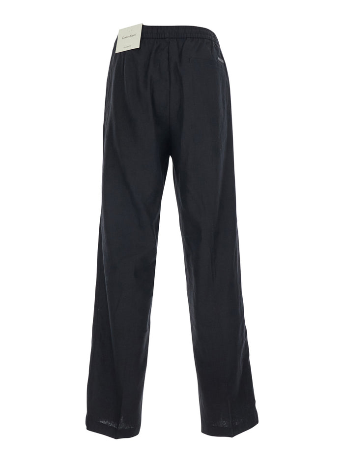 Pants STRAIGHT LINEN PULL ON Black with Elasticized Waist in and Cotton Men Trousers