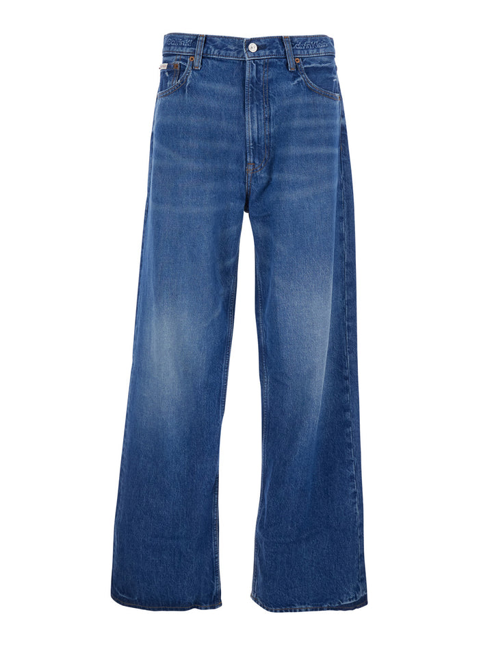 Wide Leg Jeans with Logo Patch on the Back in Blue Denim for Men Blu