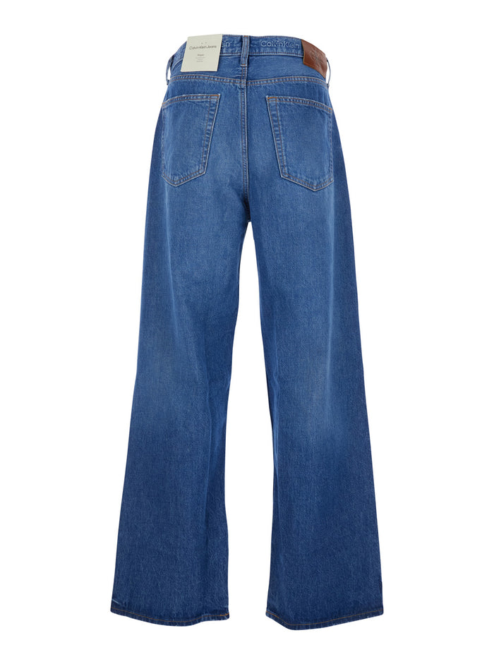 Wide Leg Jeans with Logo Patch on the Back in Blue Denim for Men Blu