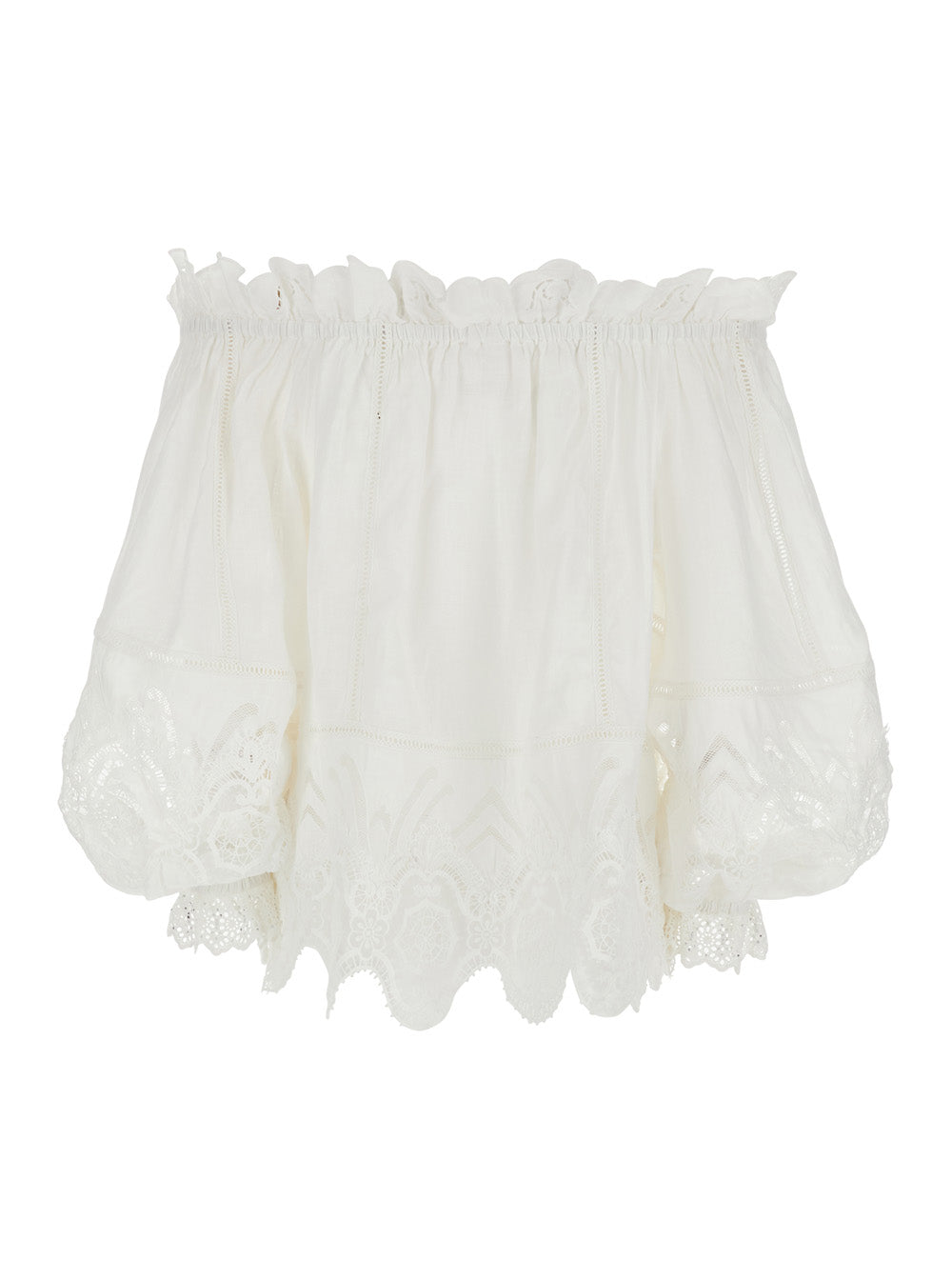 Off Shoulder Top with All-Over Embroidery in White Linen for Women Shirts And Blouses