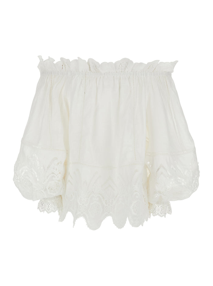Off Shoulder Top with All-Over Embroidery in White Linen for Women Shirts And Blouses