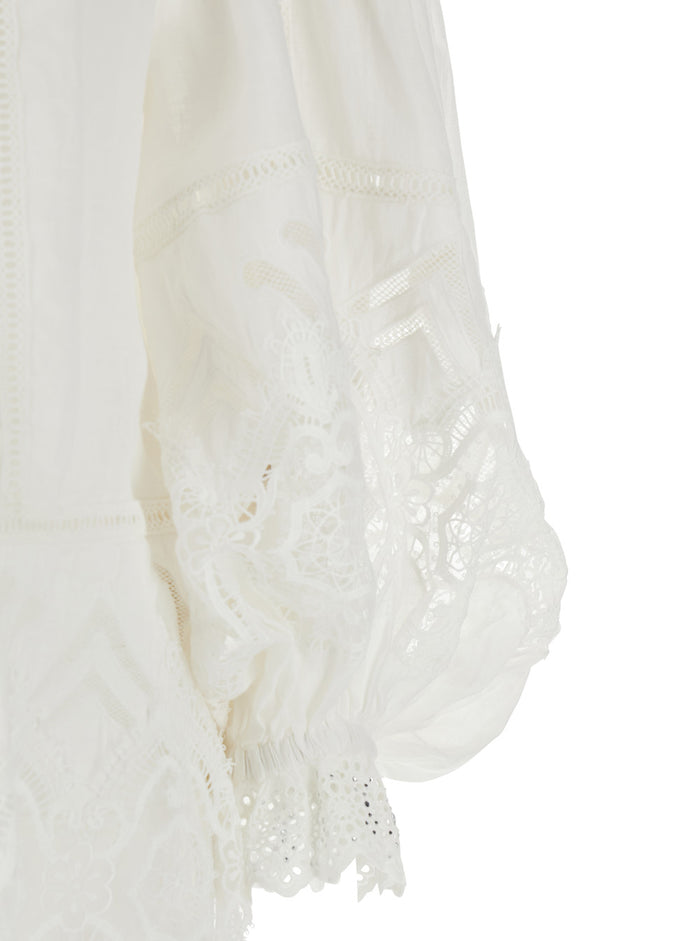 Off Shoulder Top with All-Over Embroidery in White Linen for Women Shirts And Blouses