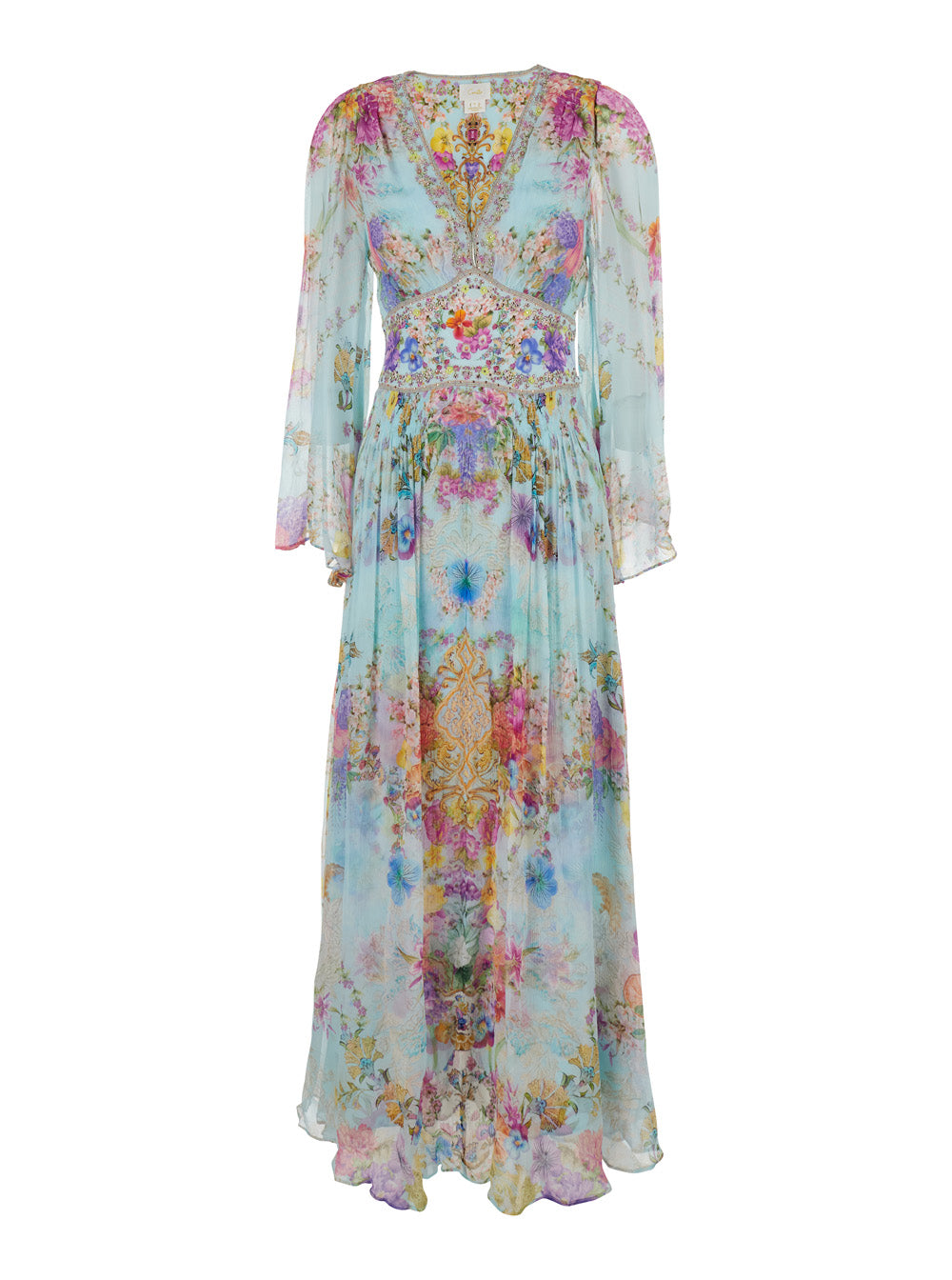 Multicolor Long Dress With V Neck And All-Over Floral Print Silk Woman