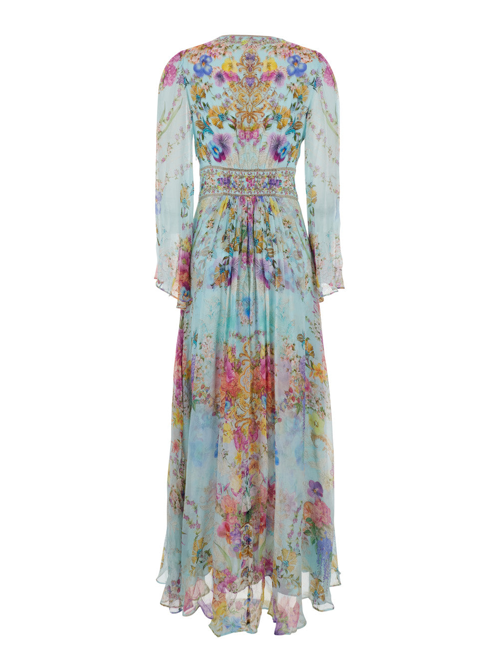 Multicolor Long Dress With V Neck And All-Over Floral Print Silk Woman