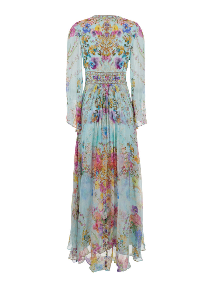 Multicolor Long Dress With V Neck And All-Over Floral Print Silk Woman