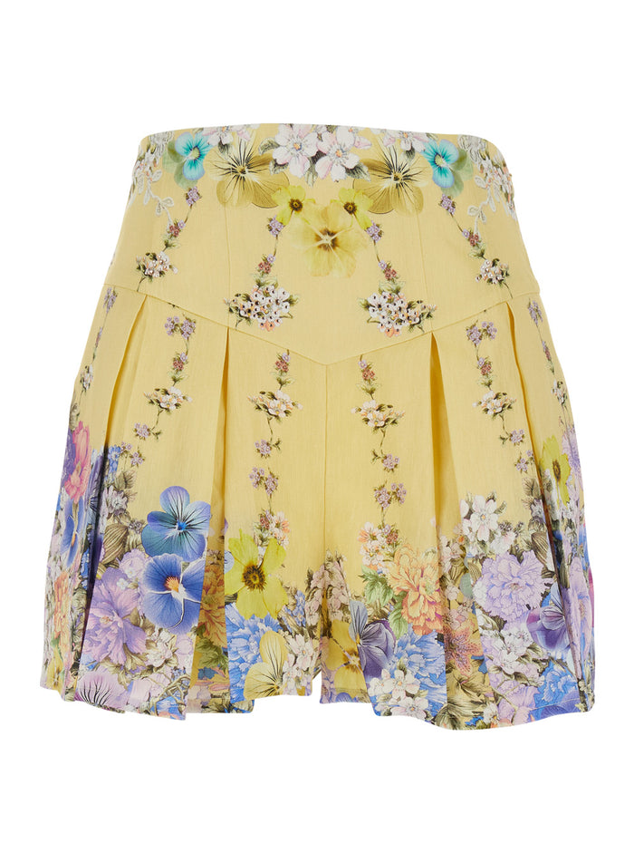 Multicolor Floral Print All-Over Shorts with Crystal Decoration in Linen and Silk for Women Bermuda