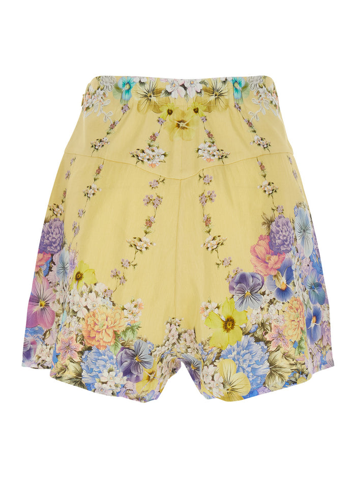Multicolor Floral Print All-Over Shorts with Crystal Decoration in Linen and Silk for Women Bermuda