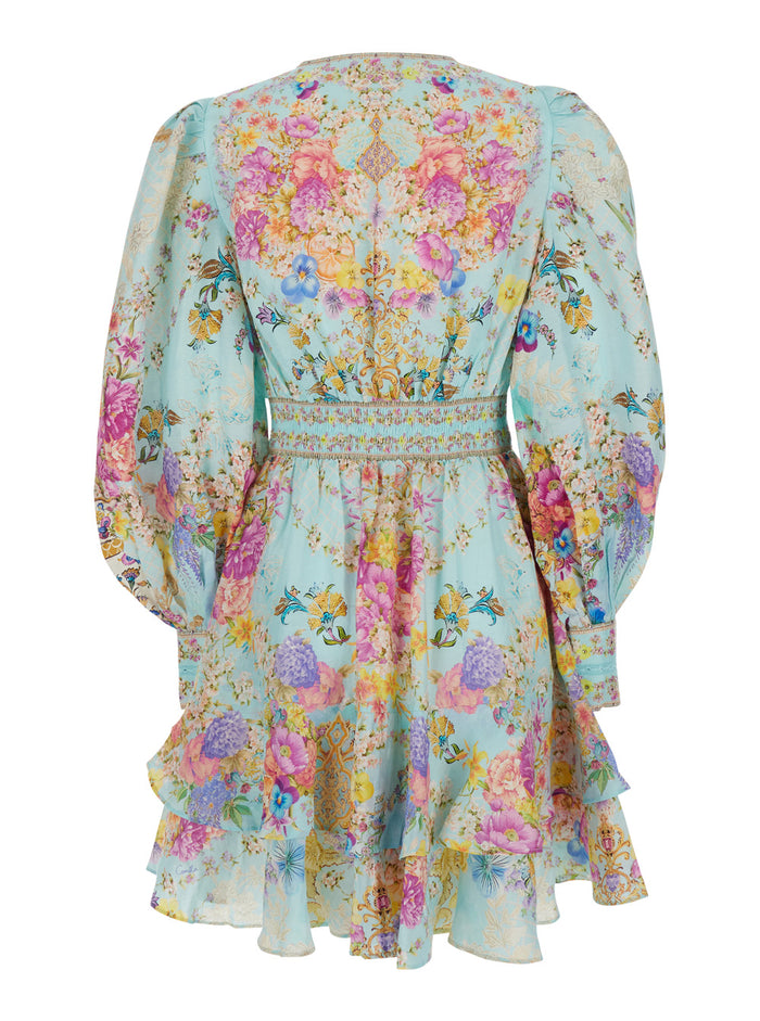 Dress with Long Balloon Sleeves Floral in Multicolor Linen Blend for Women Silk