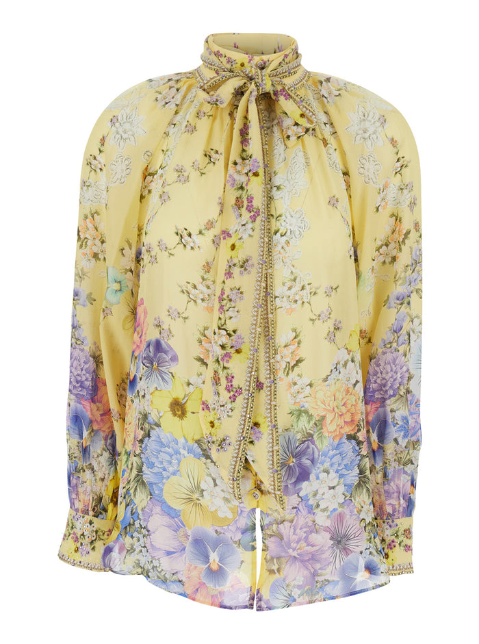 Blouse with Removable Lavallière Collar and All-Over Floral Motif in Multicolor Silk for Women Shirts Blouses