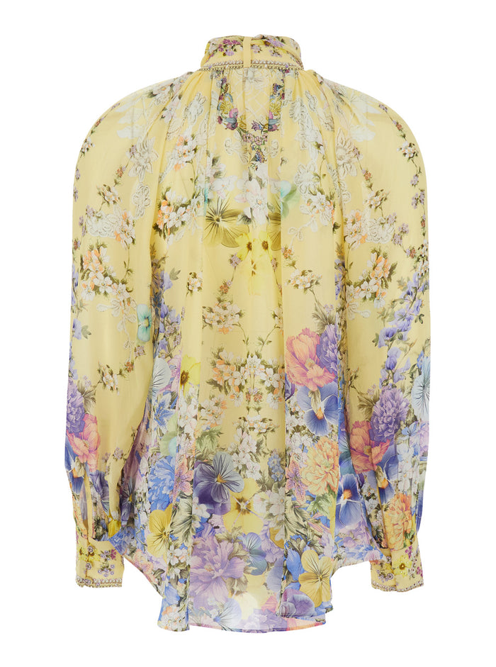 Blouse with Removable Lavallière Collar and All-Over Floral Motif in Multicolor Silk for Women Shirts Blouses