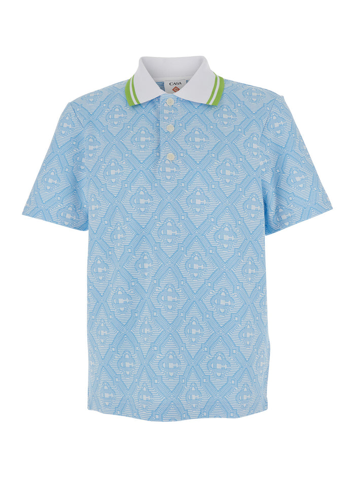 Blue Polo with Bicolor Collar and All-Over Embroidery in Cotton Blend for Men Light Polyester Polyamide Tshirts Shirts