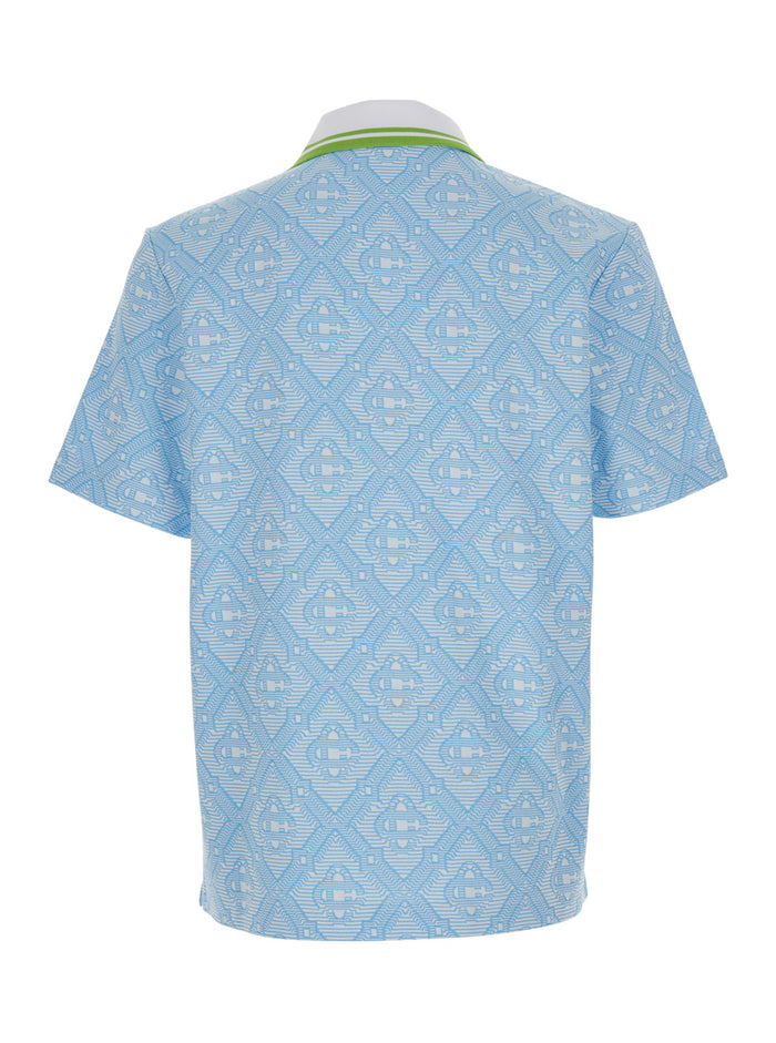 Blue Polo with Bicolor Collar and All-Over Embroidery in Cotton Blend for Men Light Polyester Polyamide Tshirts Shirts