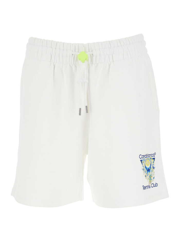 White Cotton Mens Bermuda Shorts with Elastic Waist and Drawstring Logo on Front Organic