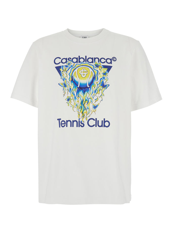 White Crew Neck T-Shirt With Maxi Print On The Front Cotton Man Organic Tshirts And Polo Shirts