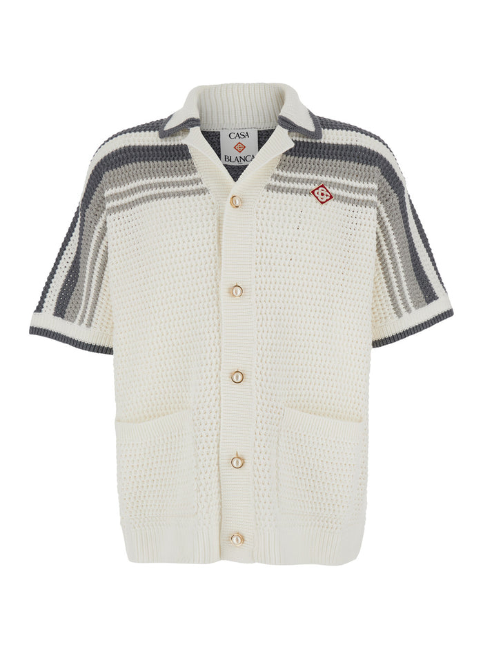 White Bowling Shirt With Cuban Collar And Logo Embroidery On Front Cotton Man Blouses