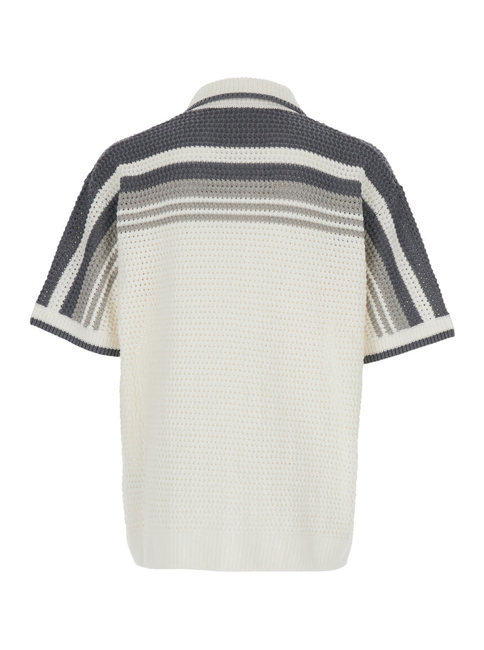White Bowling Shirt With Cuban Collar And Logo Embroidery On Front Cotton Man Blouses