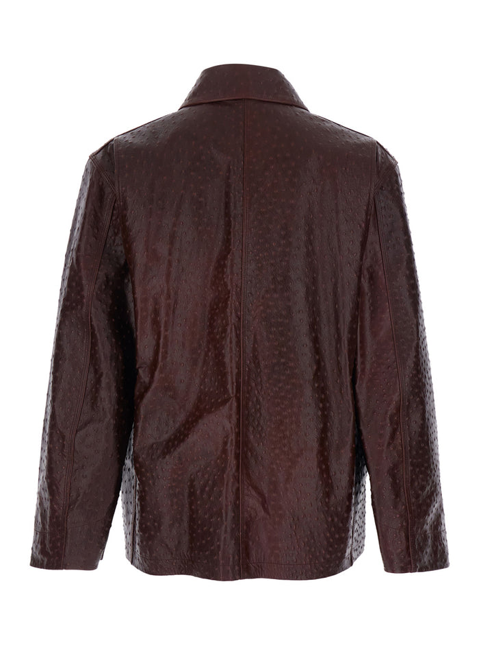 Bordeaux Jacket with Logo Patch on the Front and Ostrich Leather Effect for Men Cow Outerwear