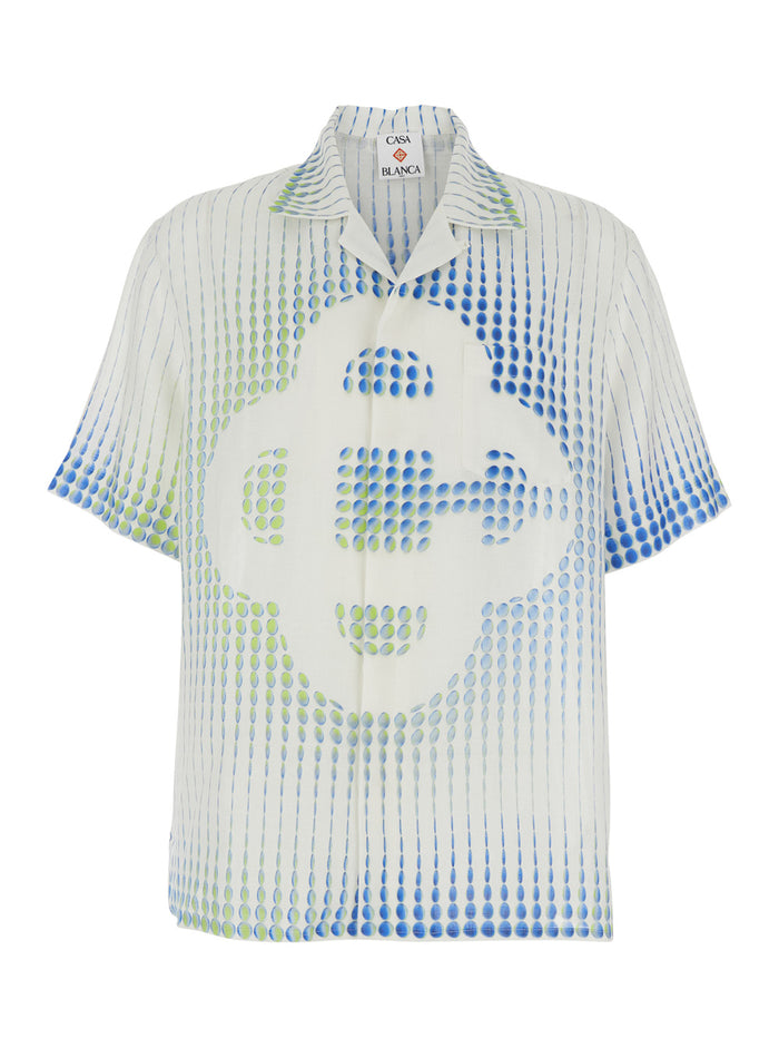 Multicolor Bowling Shirt With Cuban Collar And All-Over Print Linen Man Blouses