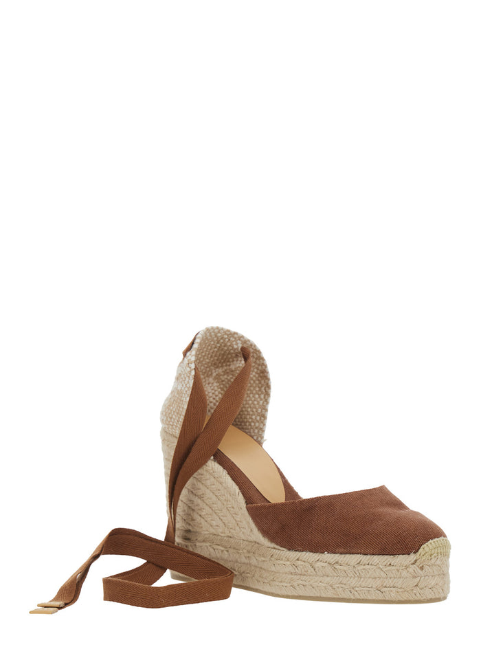 Carina Wedges with Ankle Strap and High Wedge Heel in Brown Fabric for Women Textile Materials