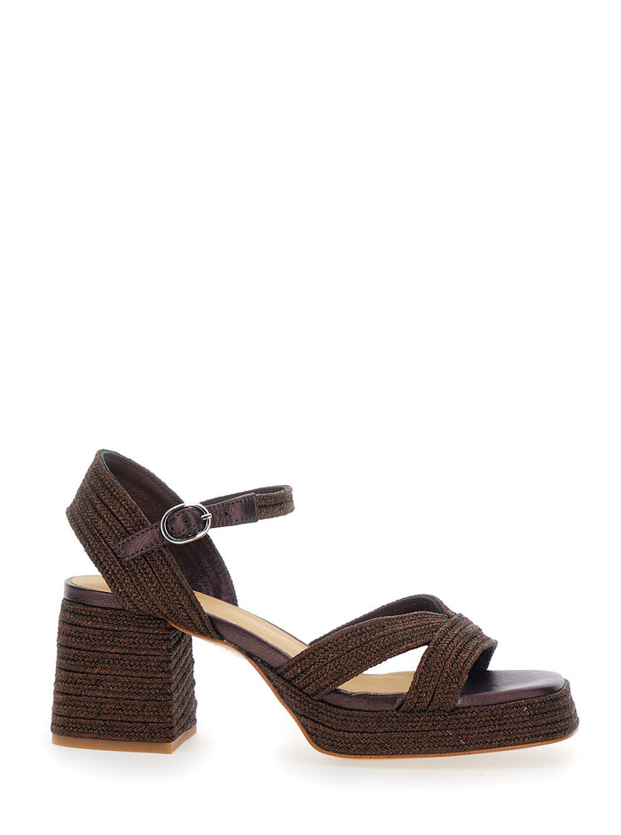 Vallita Brown Sandals with High Heel and V Neck in Fabric Woman Textile Materials Heels