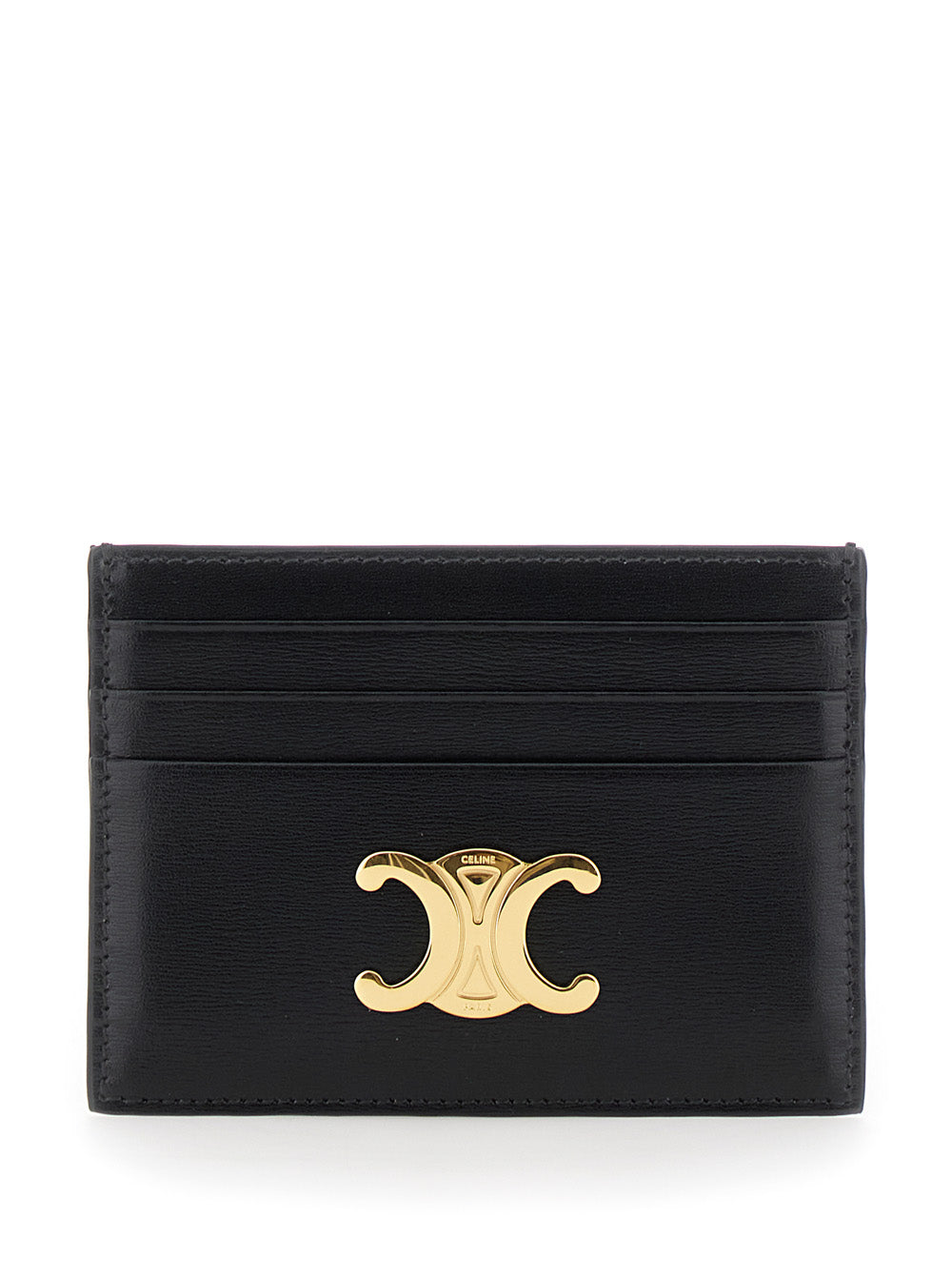Triomphe Card Holder Black With Metal Plate On Front Leather For Women Calf Products