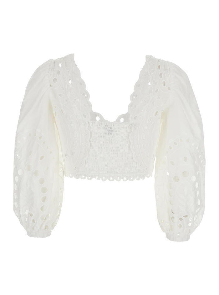 Top Luna with Deep Neckline and Intricate Embroidery in White Cotton Blend for Women Polyester Tops