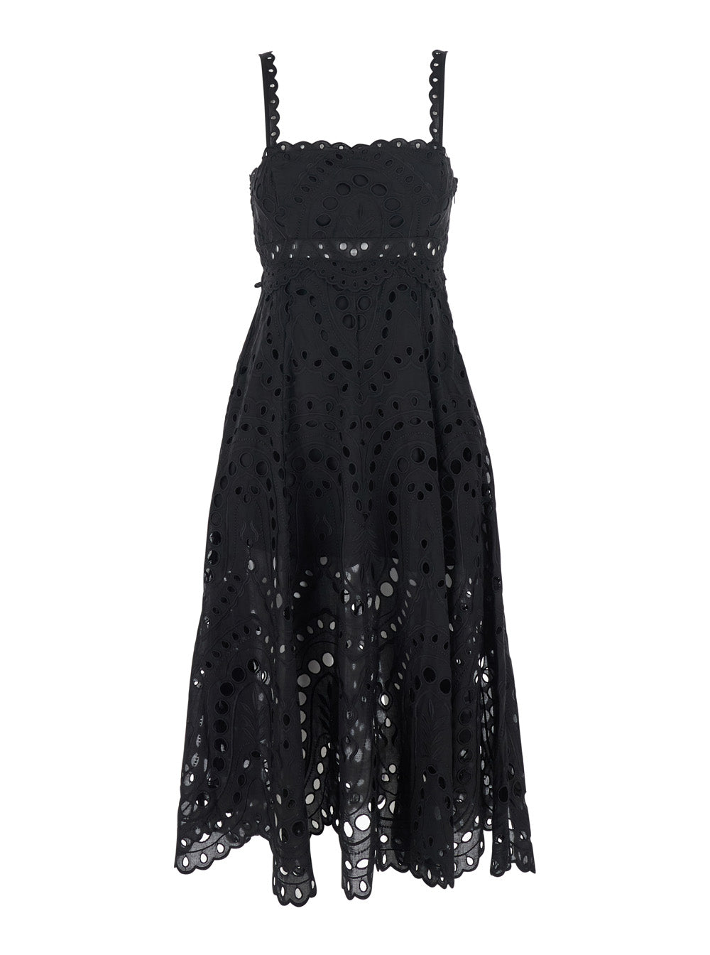 Long Glimmer Dress with Thin Straps and Scalloped Edges in Black Cotton Blend for Women Polyester