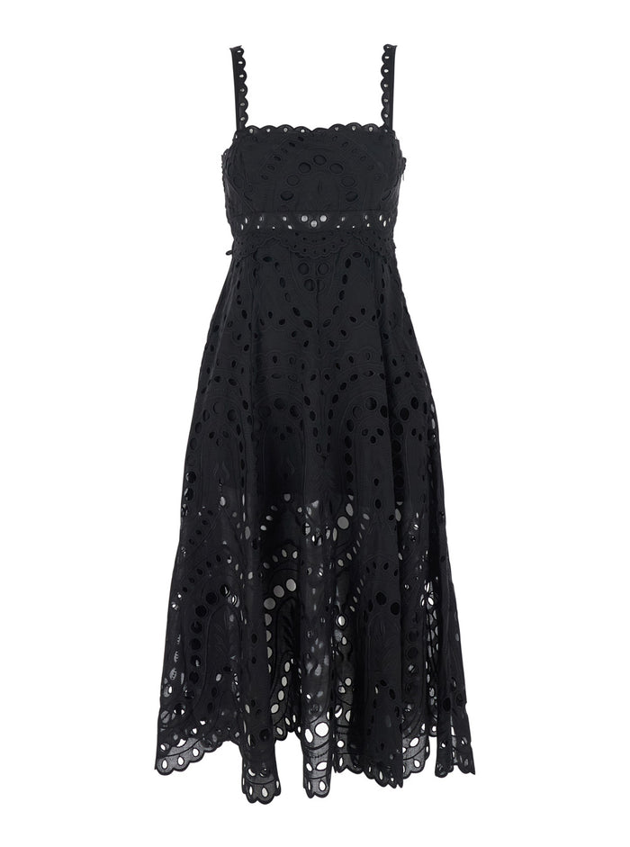Long Glimmer Dress with Thin Straps and Scalloped Edges in Black Cotton Blend for Women Polyester