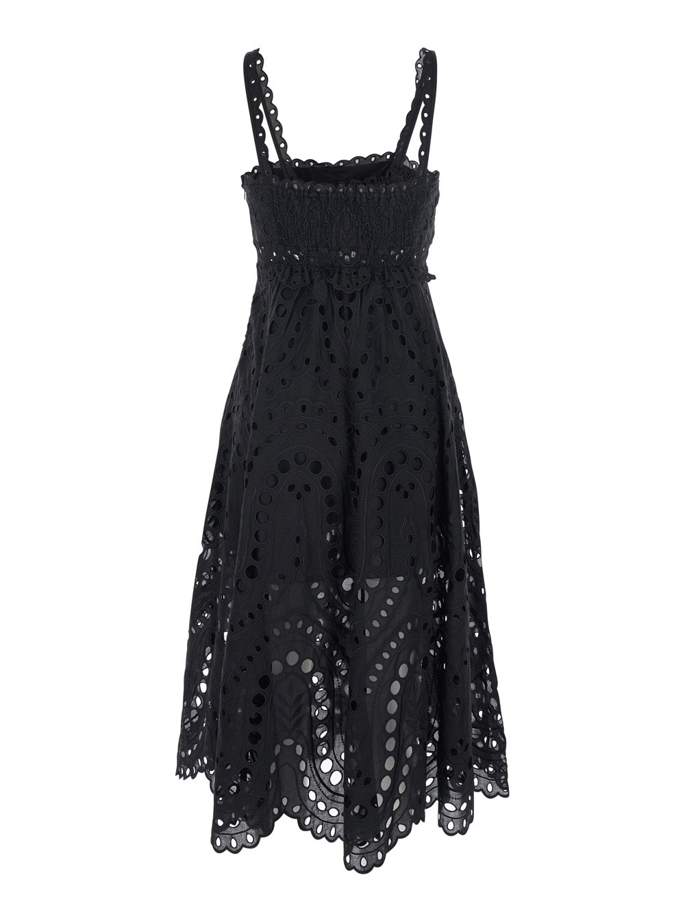 Long Glimmer Dress with Thin Straps and Scalloped Edges in Black Cotton Blend for Women Polyester