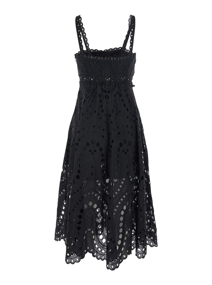 Long Glimmer Dress with Thin Straps and Scalloped Edges in Black Cotton Blend for Women Polyester