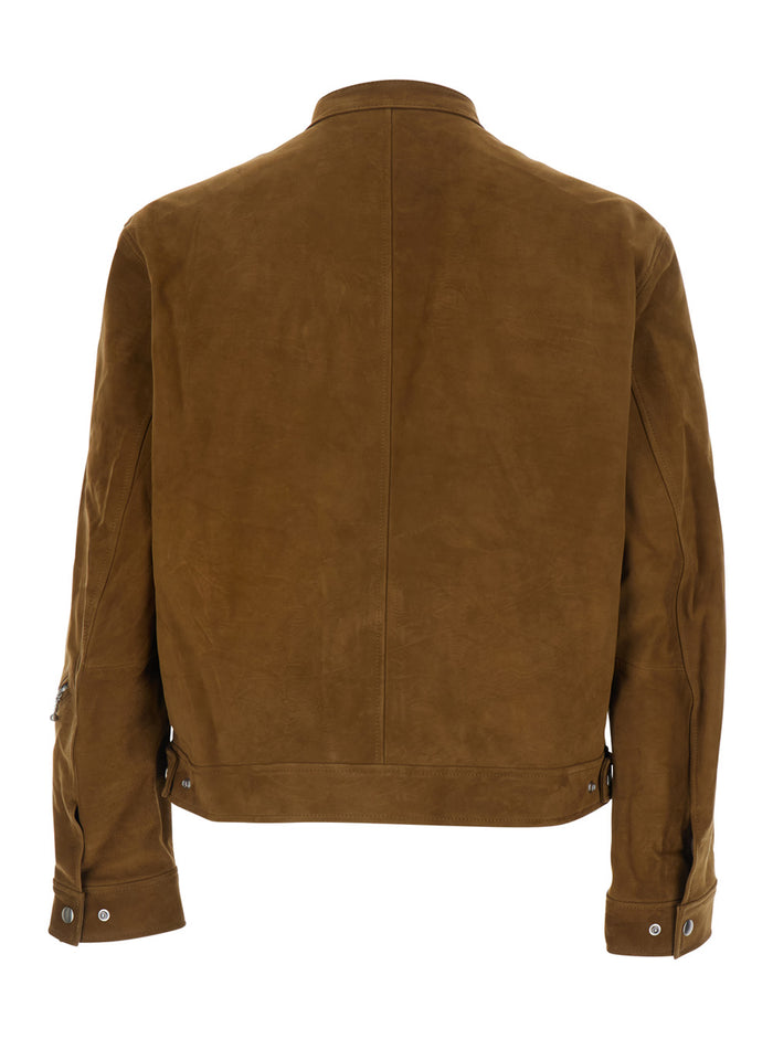 Jacket CALF SKIN D POCKET BIKER JUMPER Brown with Front Leather Pockets for Men Outerwear