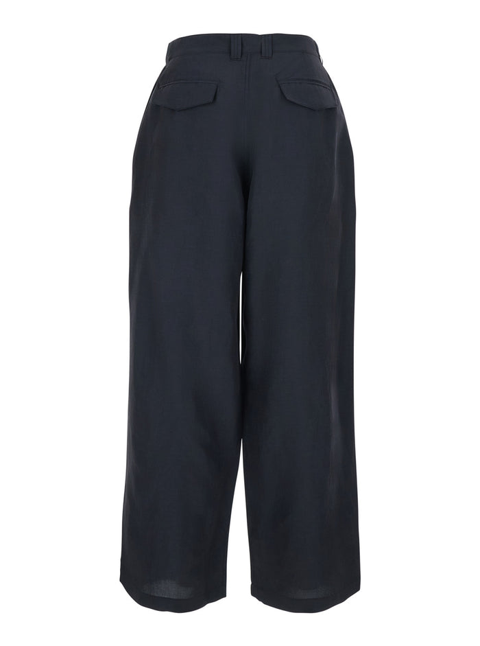 Classy Oversized Two-Tuck Trousers Blue With Double Pleat On The Front Viscose For Men Blu Linen Nylon