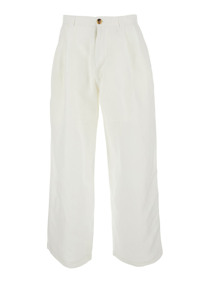 CLASSY OVERSIZED TWO-TUCK TROUSERS - White with double pleat at the front In Viscose Women Linen Nylon