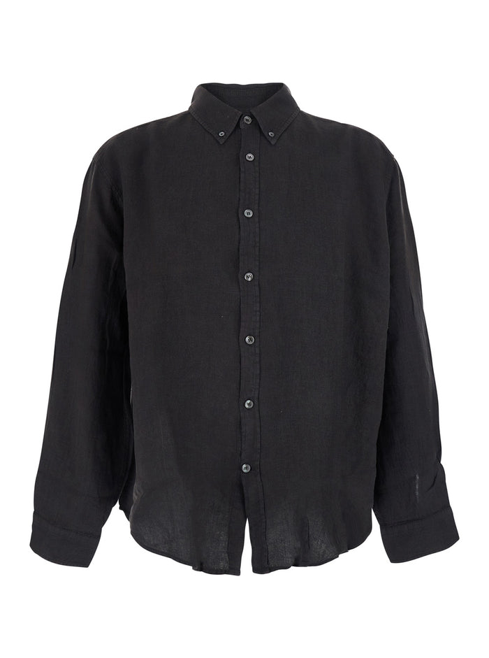 Linen Dyed Oversized Shirt Gray Long Sleeve With Front Closure For Women Grey And Blouses