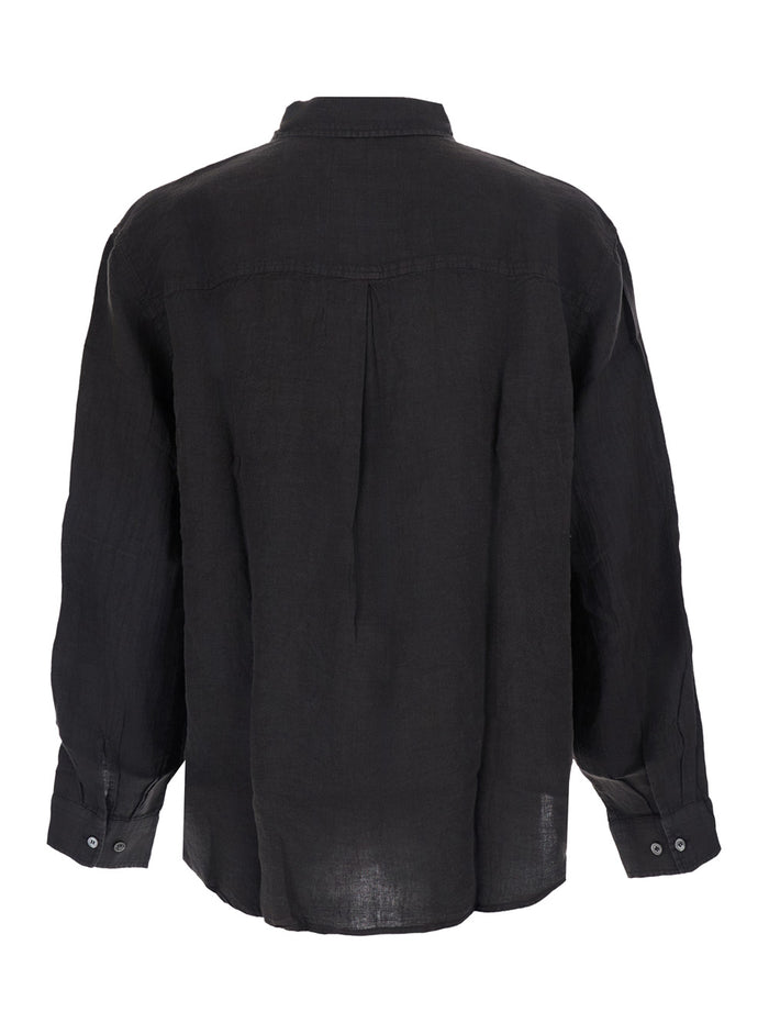 Linen Dyed Oversized Shirt Gray Long Sleeve With Front Closure For Women Grey And Blouses