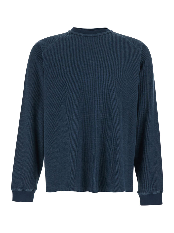Blue T-Shirt Garment Dying Waffle Raglan Long Sleeve With Sleeves And Round Neck Cotton For Men Blu Jersey