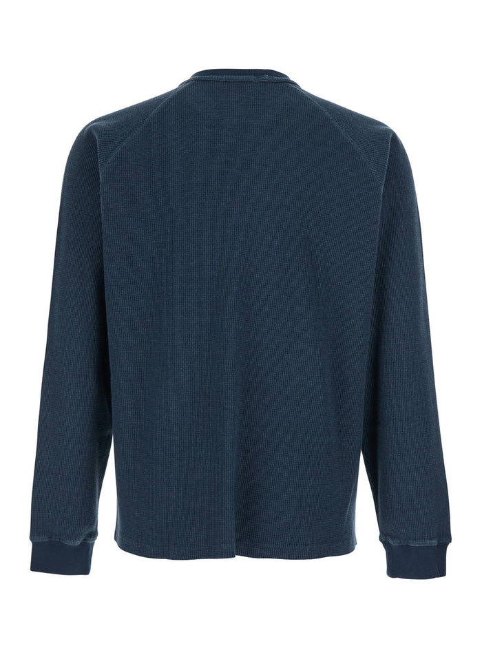 Blue T-Shirt Garment Dying Waffle Raglan Long Sleeve With Sleeves And Round Neck Cotton For Men Blu Jersey