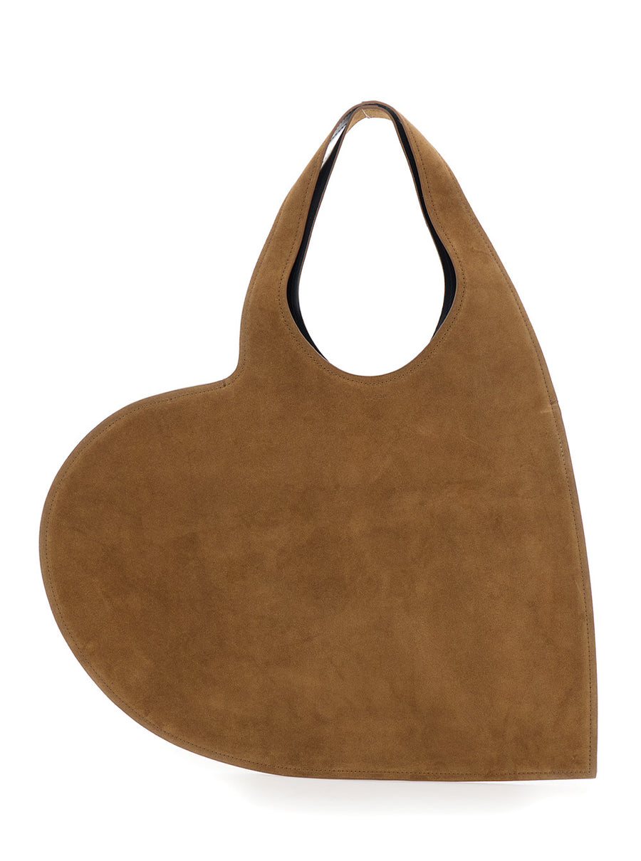 Shoulder Bag With Heart Silhouette, Brown Suede Cow Leather