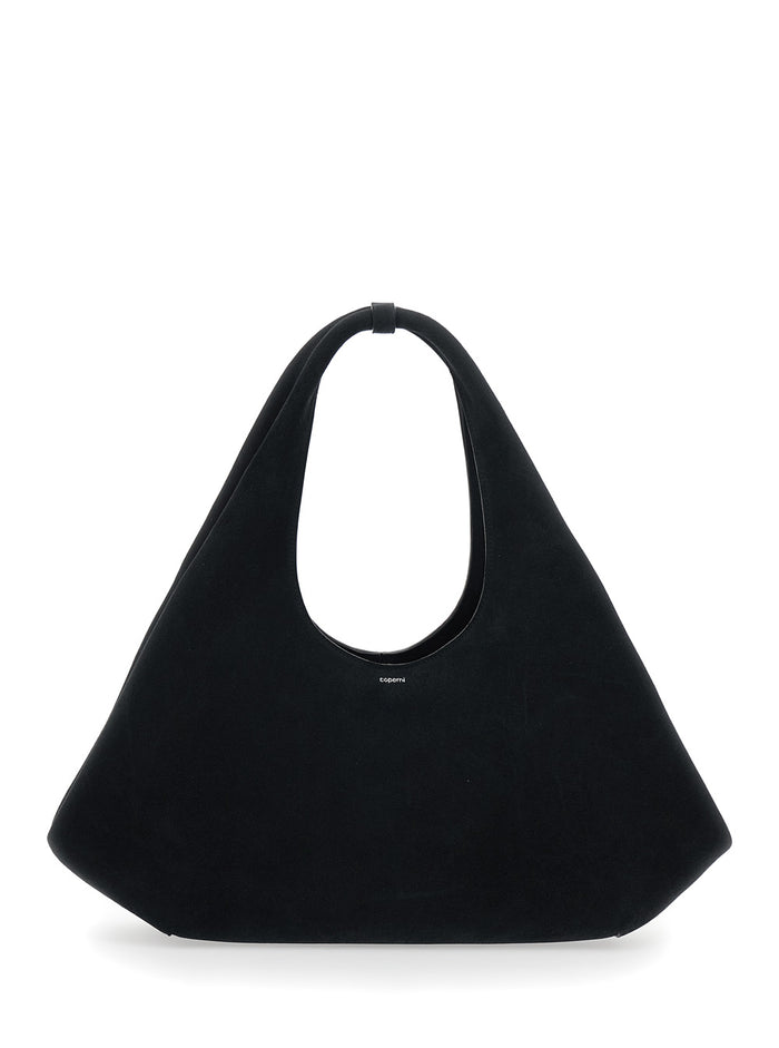 Folded Black Shoulder Bag With Top Handle And Logo Lettering On The Front Suede Woman