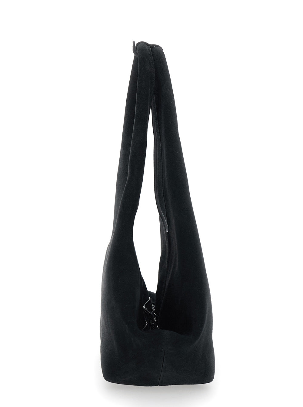 Folded Black Shoulder Bag With Top Handle And Logo Lettering On The Front Suede Woman