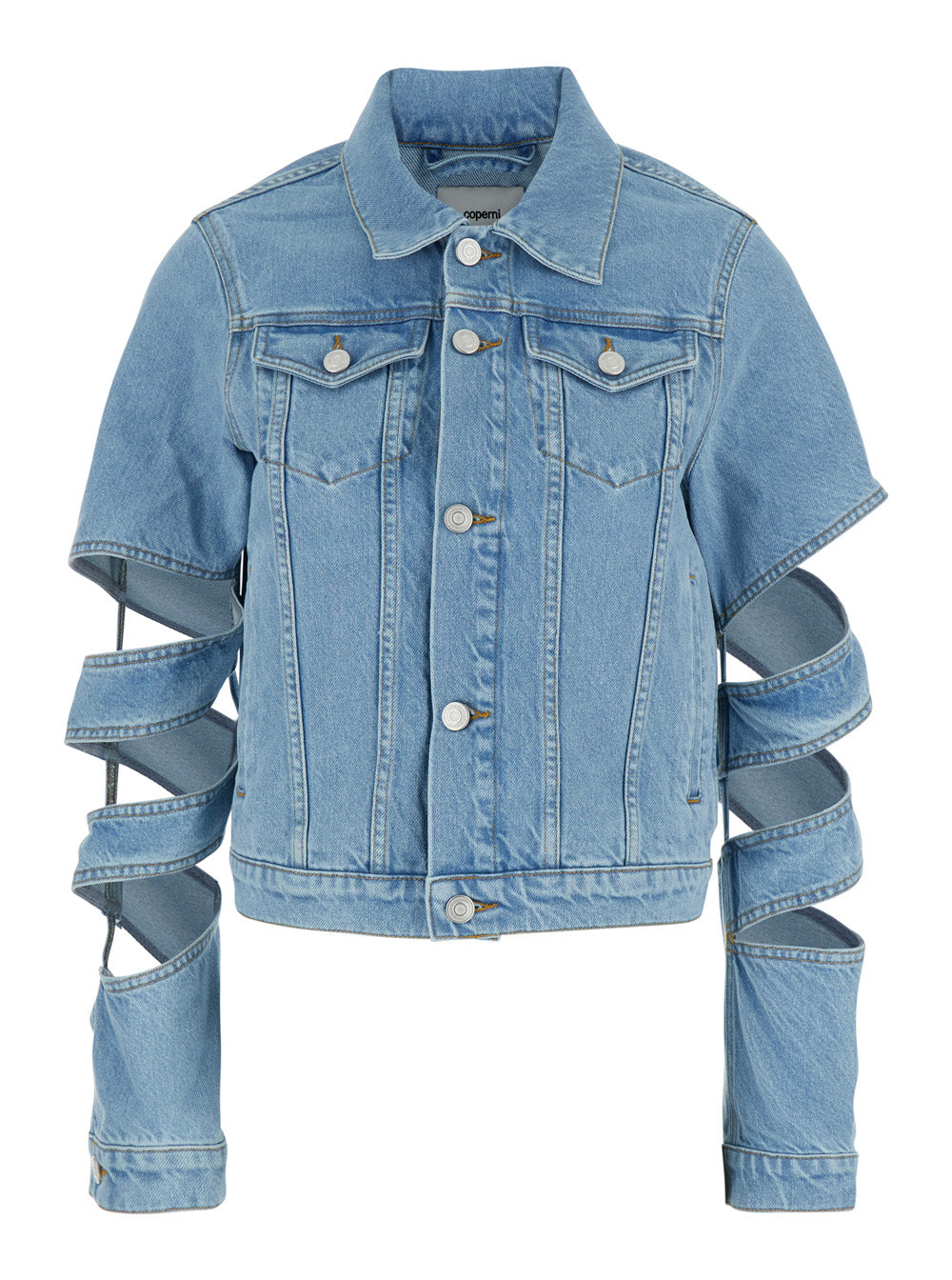 Cut-Out Blue Jacket with Classic Collar and Spiral Sleeves Womens Denim Light Organic Cotton Outerwear